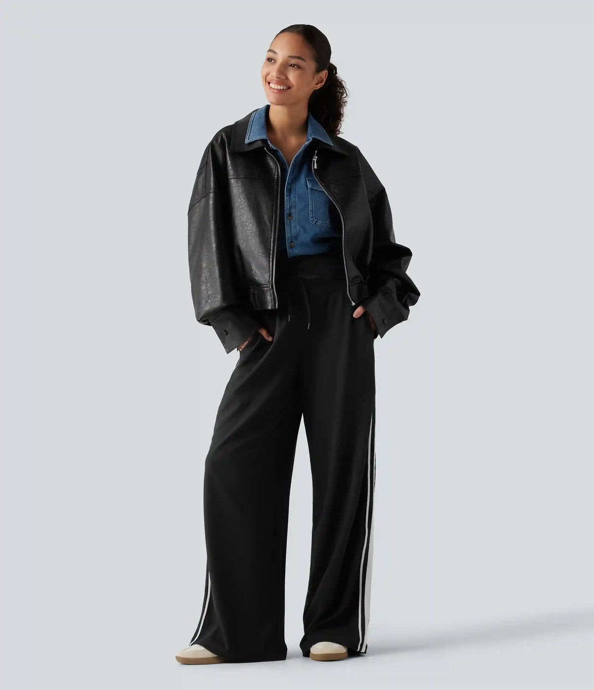 High Waisted Drawstring Wide Leg Side Stripe Waffle Casual Pants with Pockets