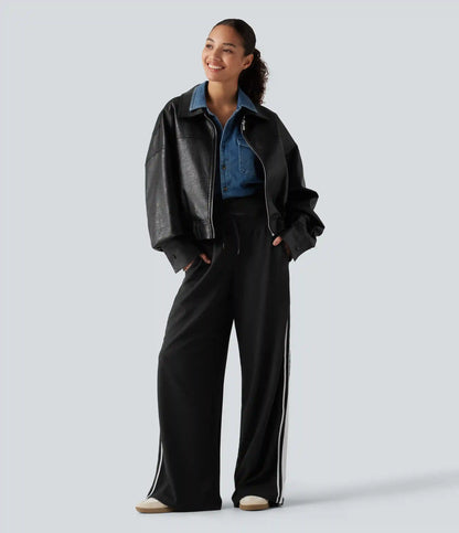 High Waisted Drawstring Wide Leg Side Stripe Waffle Casual Pants with Pockets