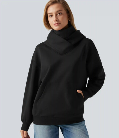 Hooded Crossover Dropped Long Sleeve Fleece Casual Sweatshirt with Pocket