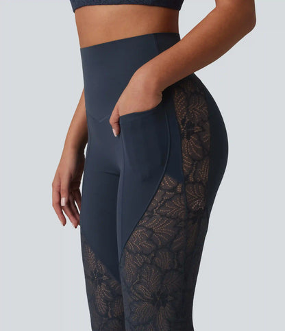 Halara UltraSculpt™ High Waisted Tummy Control Contrast Lace Yoga Flare Leggings with Pockets