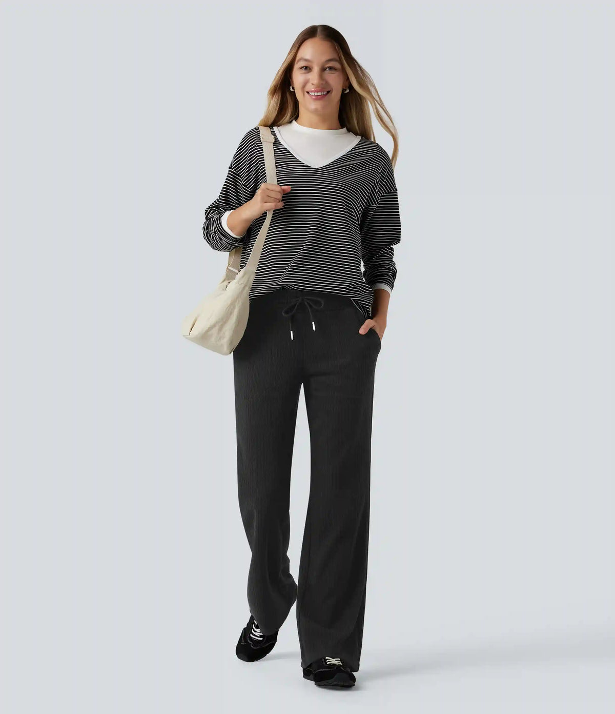 Ribbed Knit Low Rise Drawstring Casual Bootcut Pants with Pockets