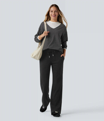 Ribbed Knit Low Rise Drawstring Casual Bootcut Pants with Pockets