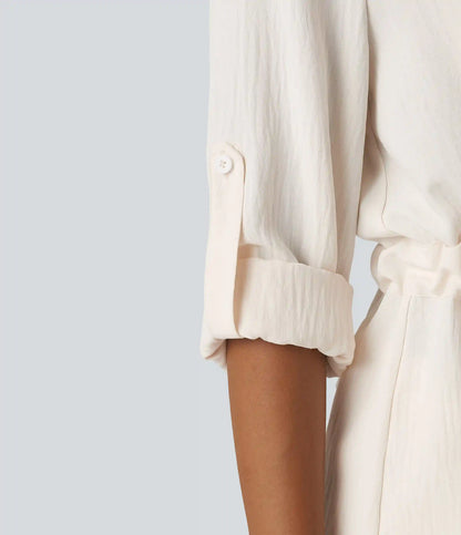 Lapel Roll Up Sleeve Tie Work Linen-Feel Shirt