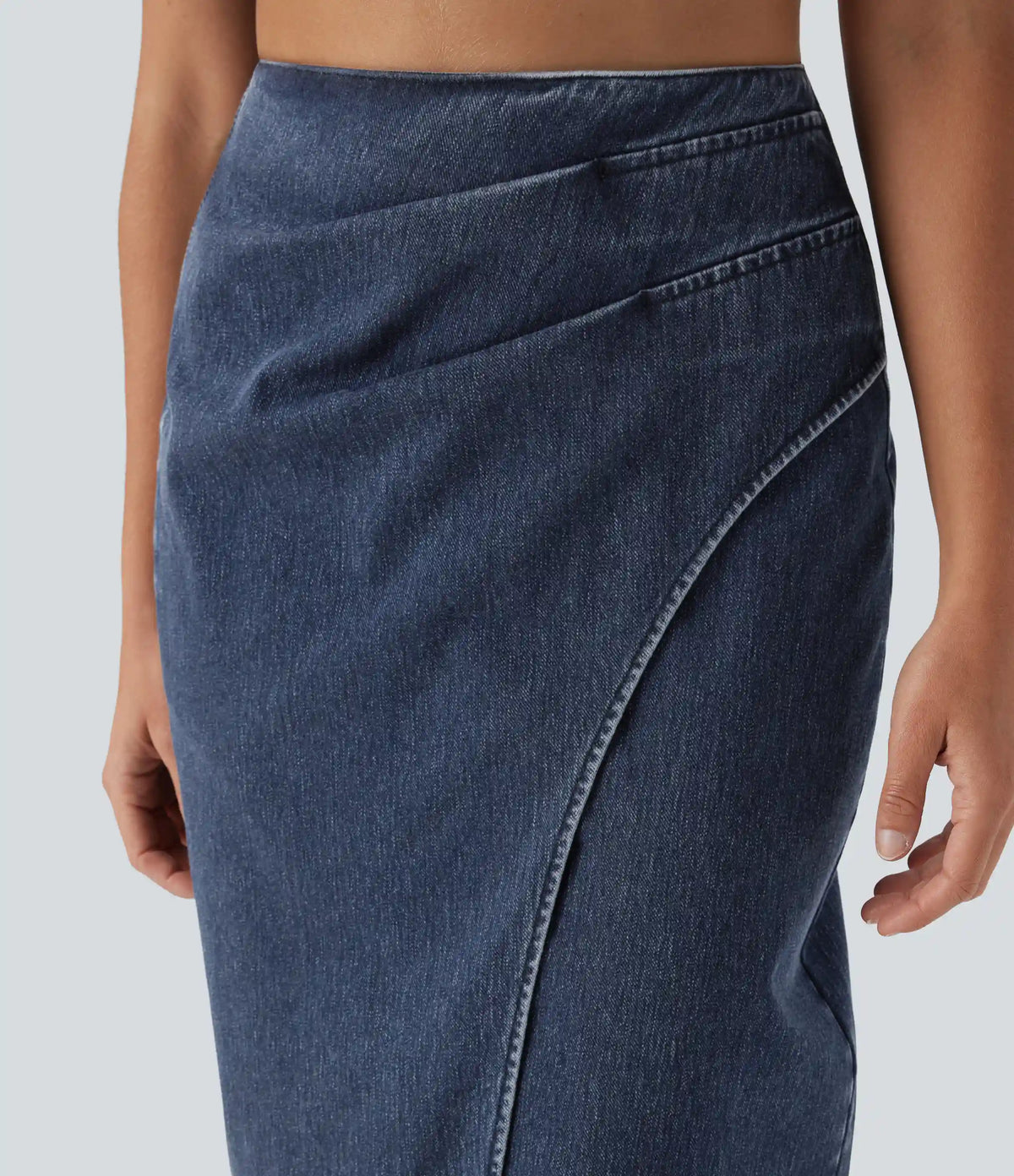 Halara Flex™ High Waisted Back Zipper Ruched Tulip Hem Midi Washed Denim Casual Skirt