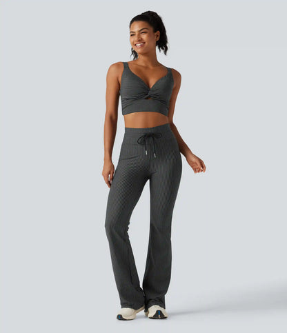 High Waisted Drawstring Stripe Flare Yoga Pants with Pockets