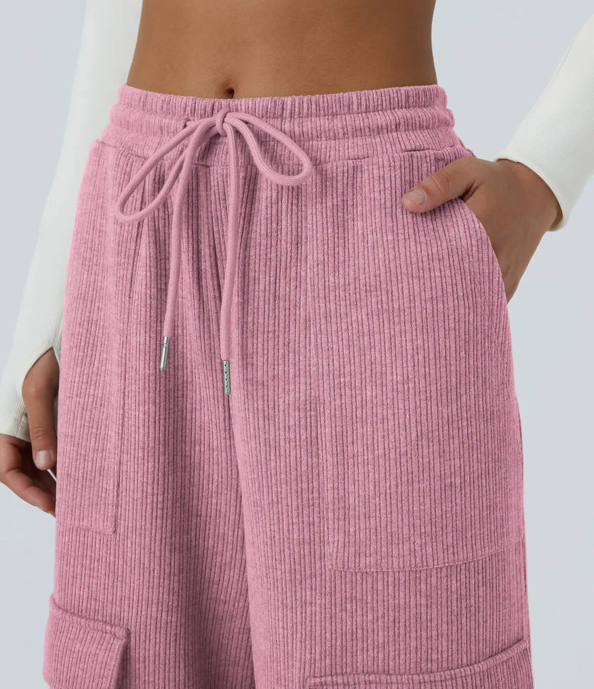Ribbed Mid Rise Drawstring Pockets Wide Leg Cargo Casual Pants