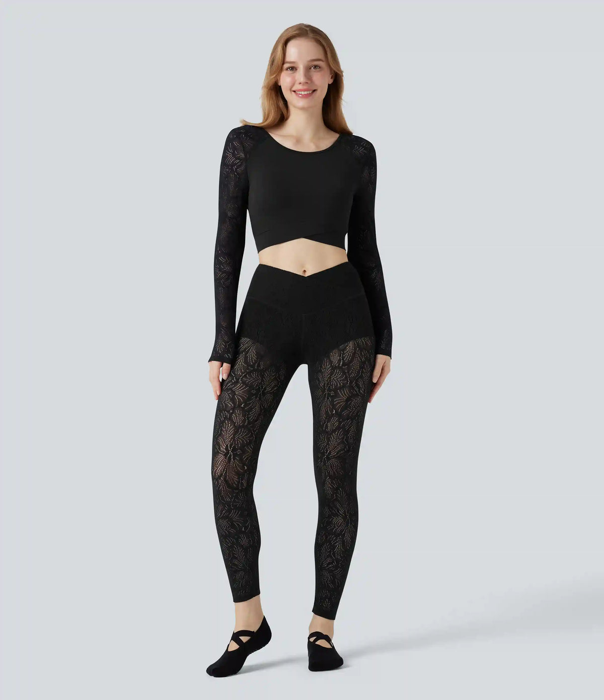 SoftlyZero™ Contrast Lace Crossover Hem Long Sleeve Cropped Yoga Sports Top