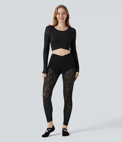 SoftlyZero™ Contrast Lace Crossover Hem Long Sleeve Cropped Yoga Sports Top