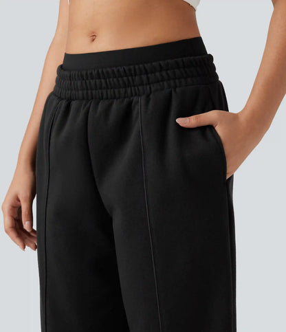 Double Waistband High Waisted Tummy Control Color Block Fleece Casual Wide Leg Pants with Pockets
