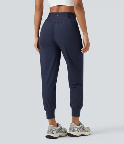 High Waisted Drawstring Ruched Tapered Quick Dry Cool Touch Dance Joggers with Pockets-UPF40+