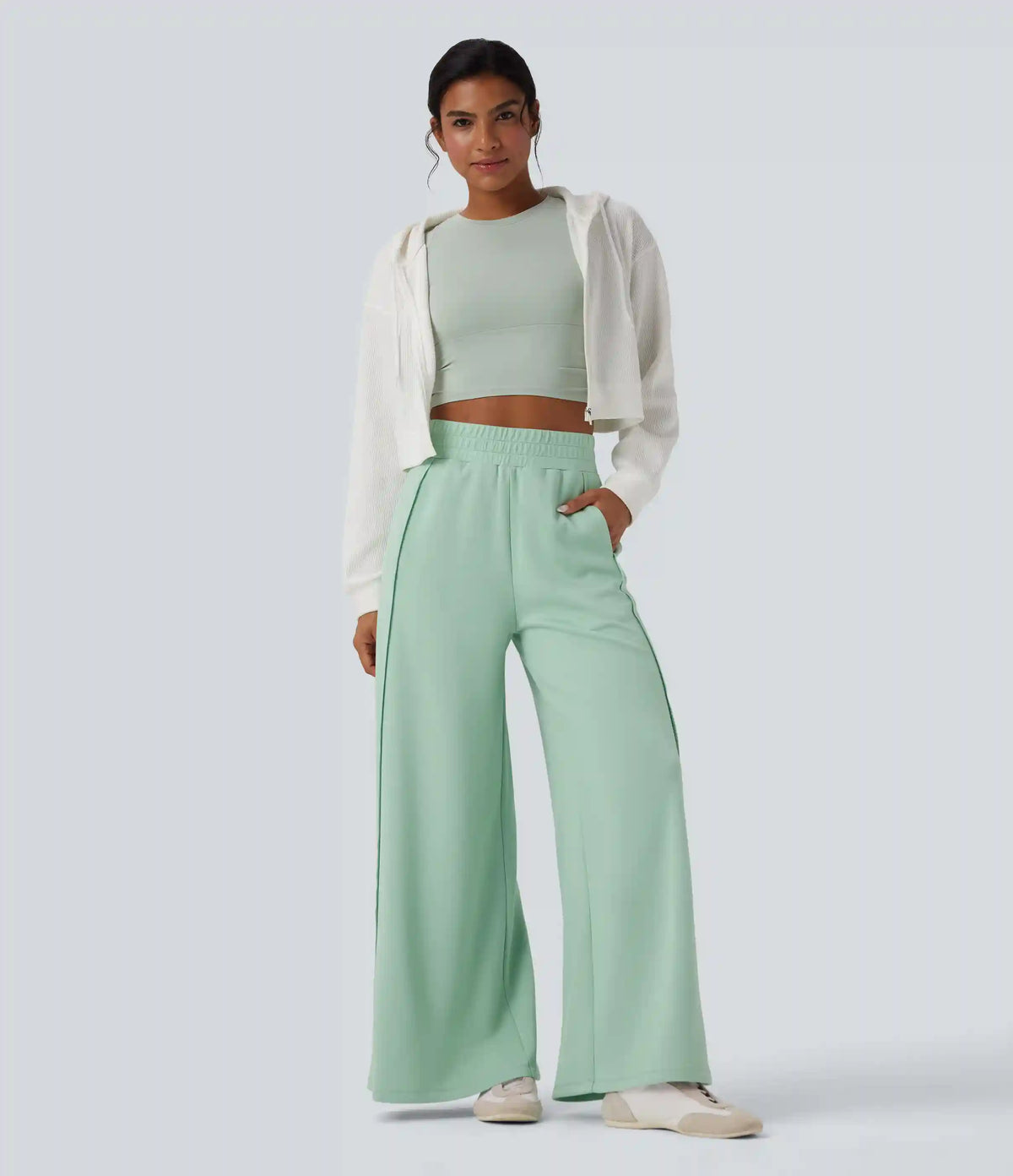 High Waisted Wide Leg Micro Waffle Casual Pants with Pockets