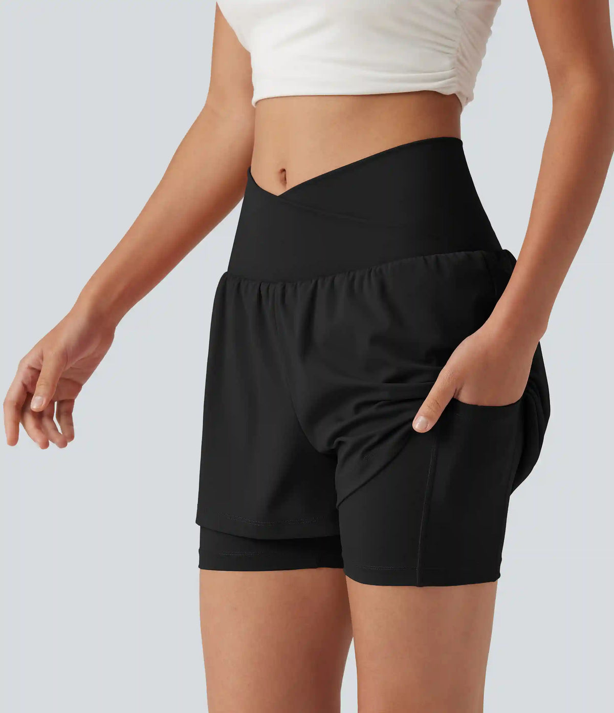 SoftlyZero™ Airy High Waisted Crossover 2-in-1 InstantCool Yoga Shorts 5'' with Pockets