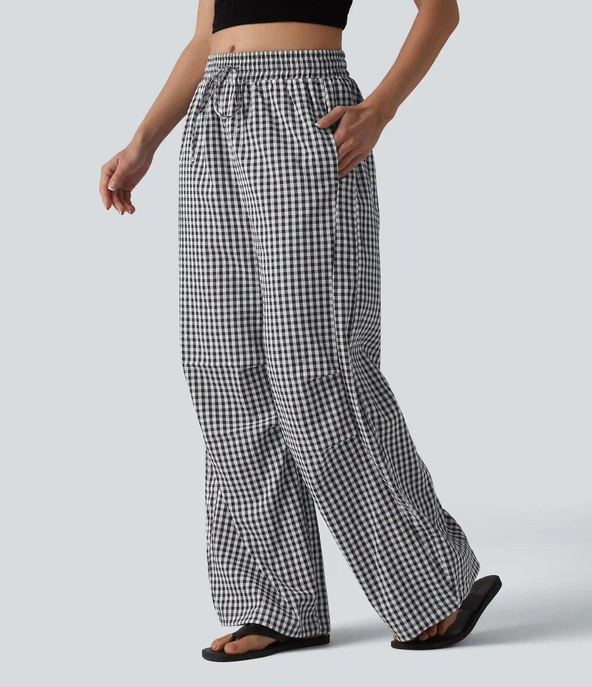 Mid Rise Drawstring Baggy Gingham Casual Pants with Pockets