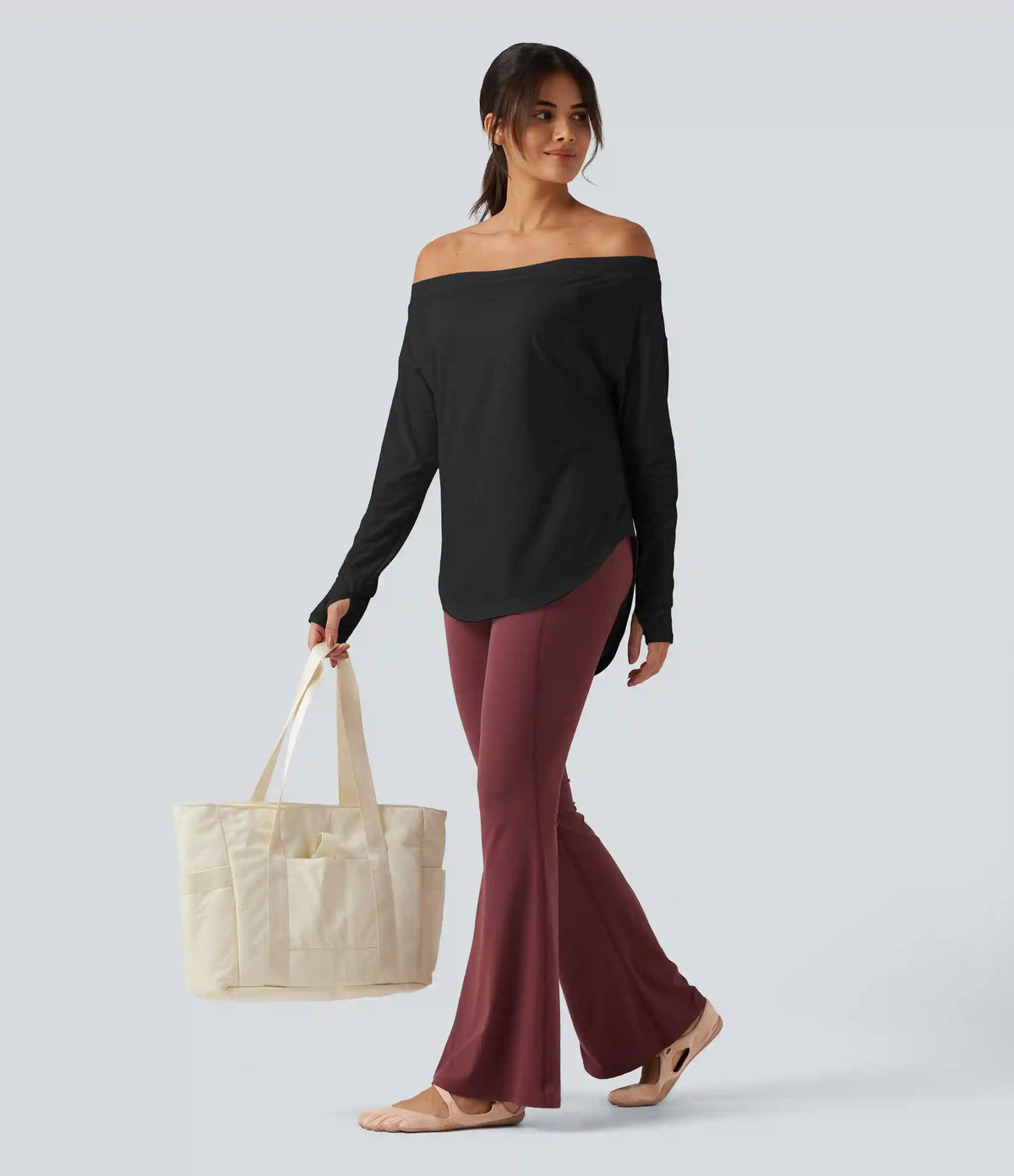 Off Shoulder Long Sleeve Build-in Bra Quick Dry Yoga Sports Tops