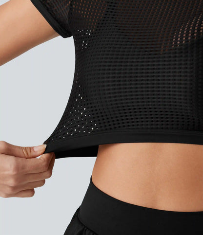Mock Neck Short Sleeve Eyelet Cropped Running Sports Top-No Sports Bra Included