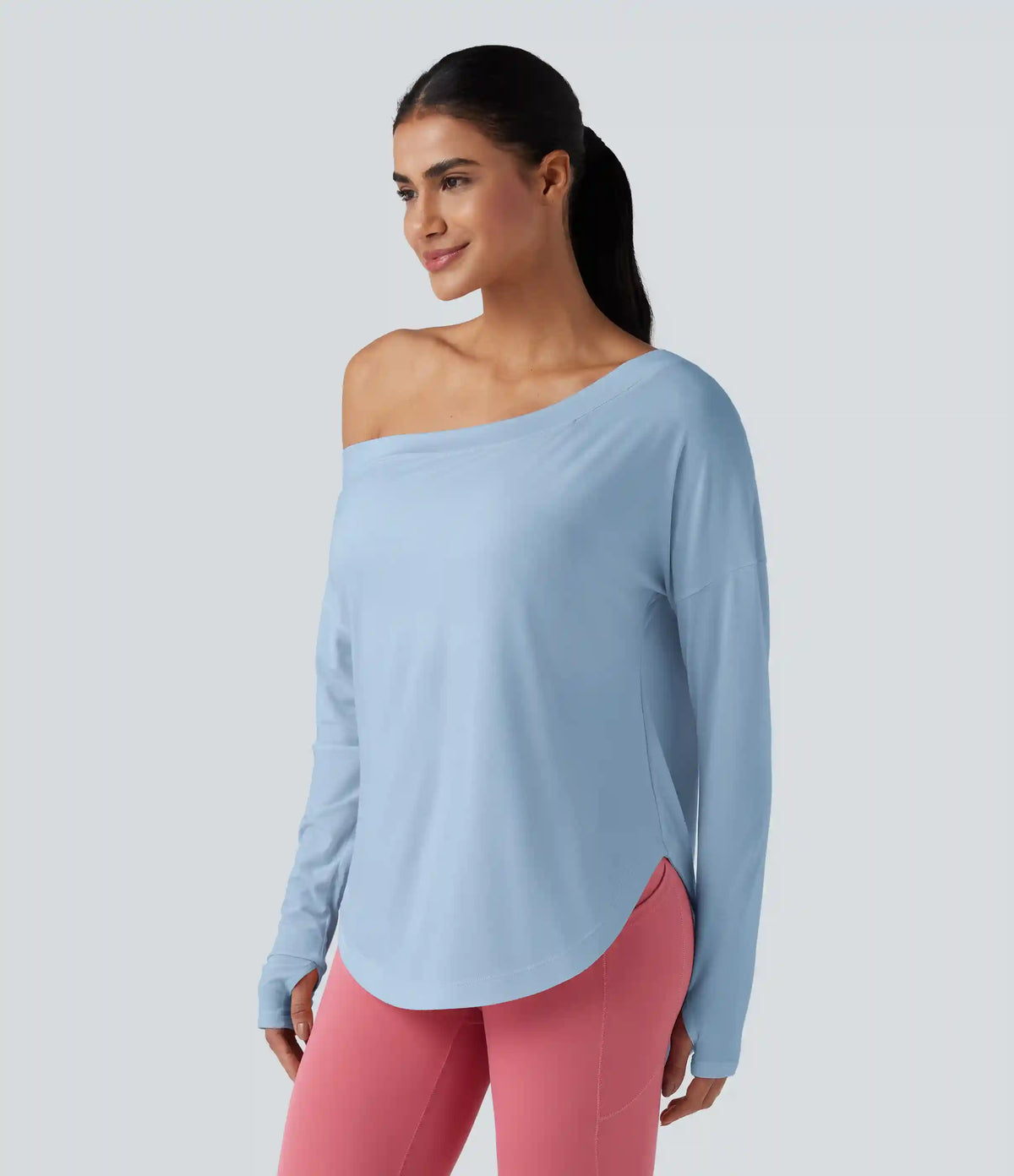 One Shoulder Long Sleeve Thumb Hole Curved Hem High Low Quick Dry Yoga Sports Top-Built-in Bra