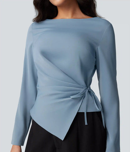 Wrinkle Recovery Boat Neck Long Sleeve Ruched Tie Work Blouse