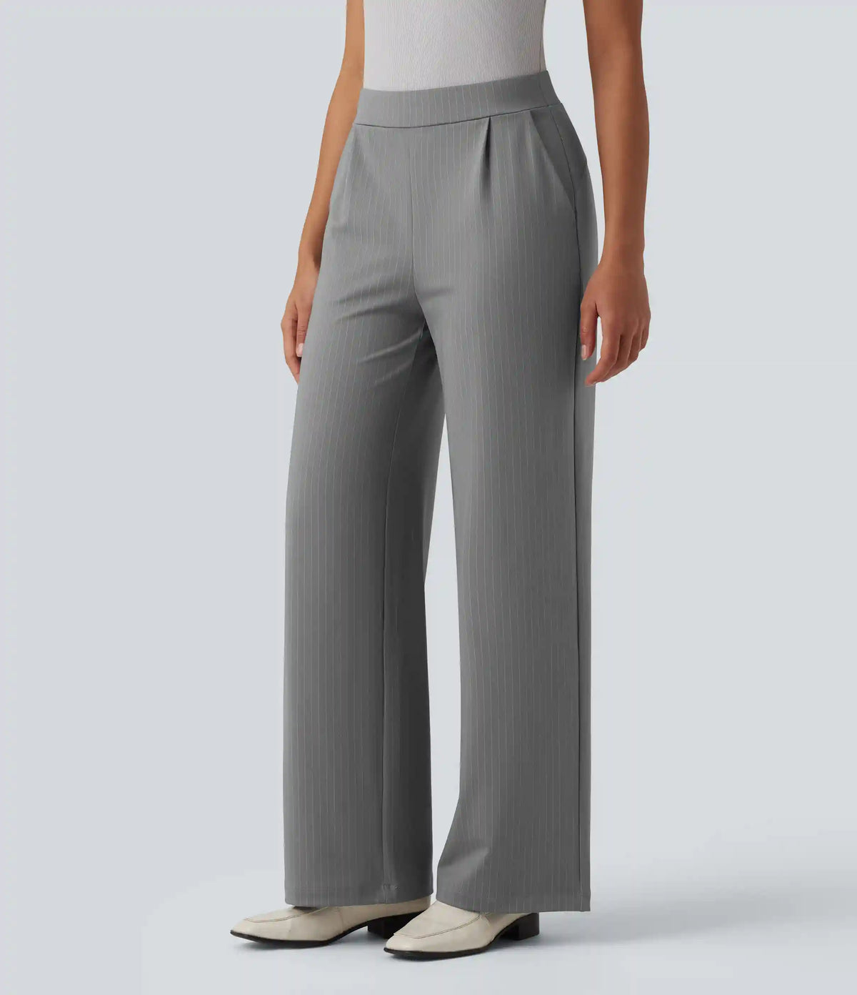 High Waisted Stripes Work Wide Leg Pants with Pockets