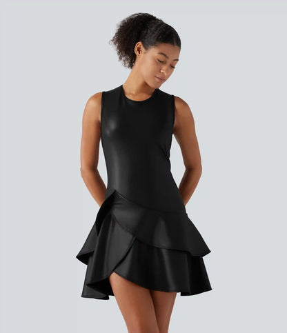 Round Neck Sleeveless Asymmetric Ruffle Hem A Line Mini Fleece Casual PU Leather Dress