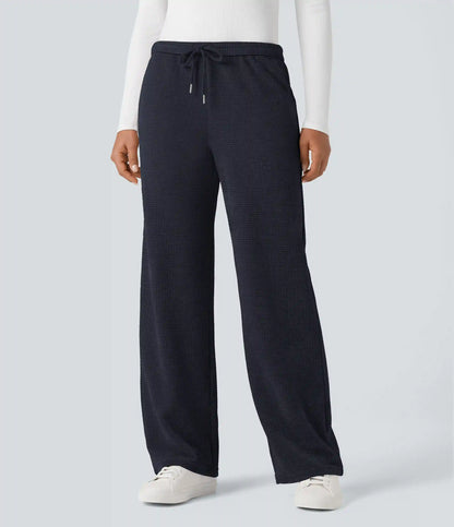 Mid Rise Chenille Waffle Casual Straight-leg Pants with Pockets