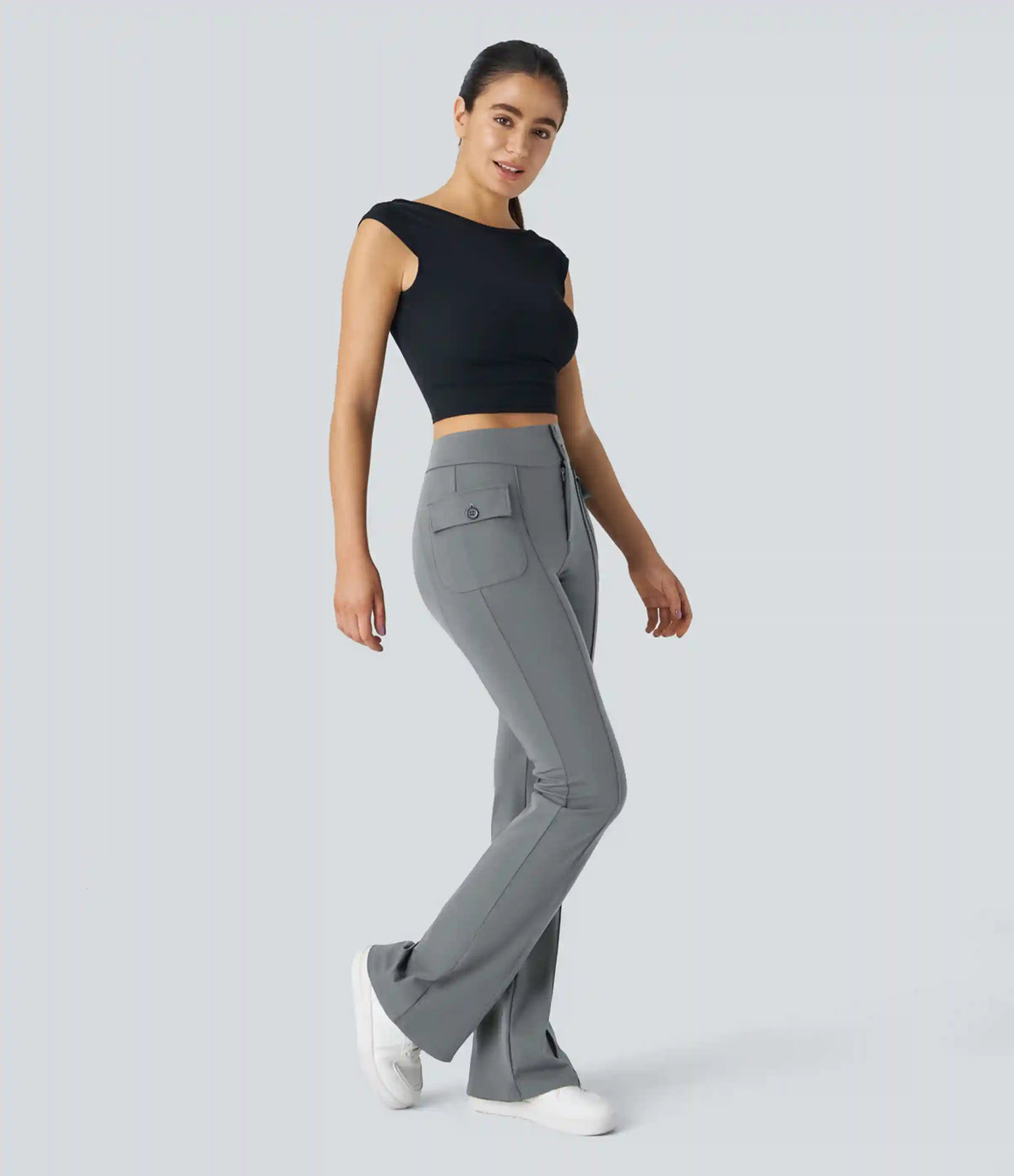 High Waisted Side Flap Pocket Flare Casual Cargo Pants