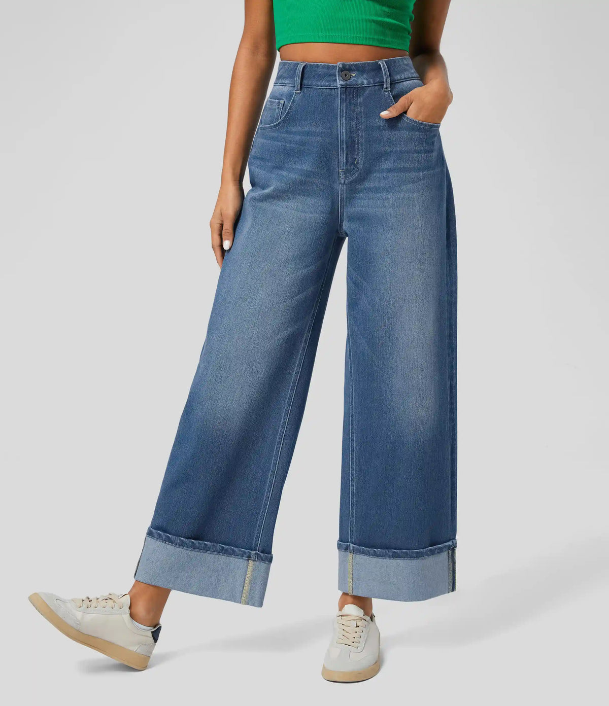 Halara Flex™ High Waisted Pockets Rolled Hem Wide Leg Washed Casual Jeans