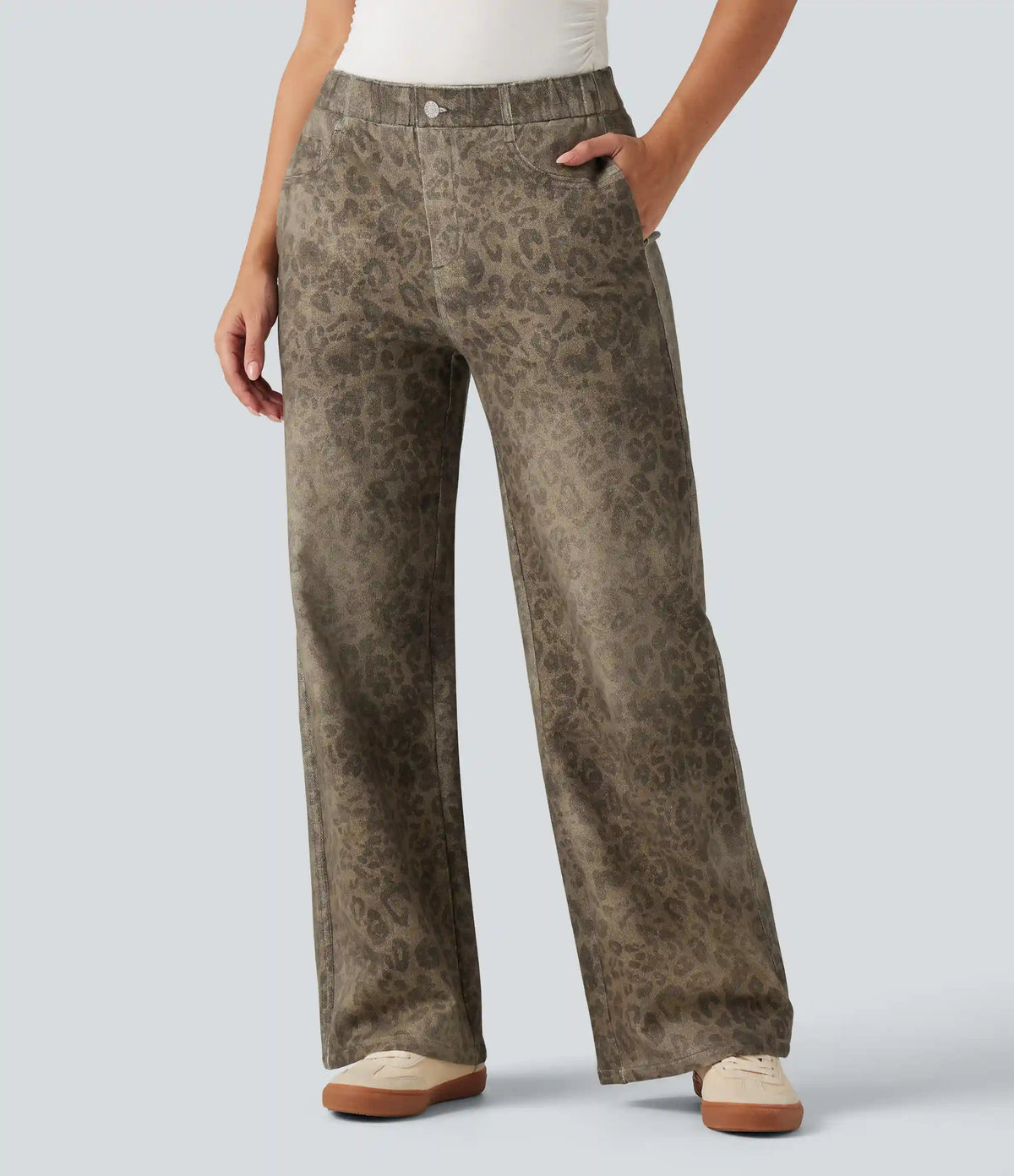 Mid Rise Wide Leg Leopard Denim Print French Terry Casual Sweatpants Jeans with Pockets