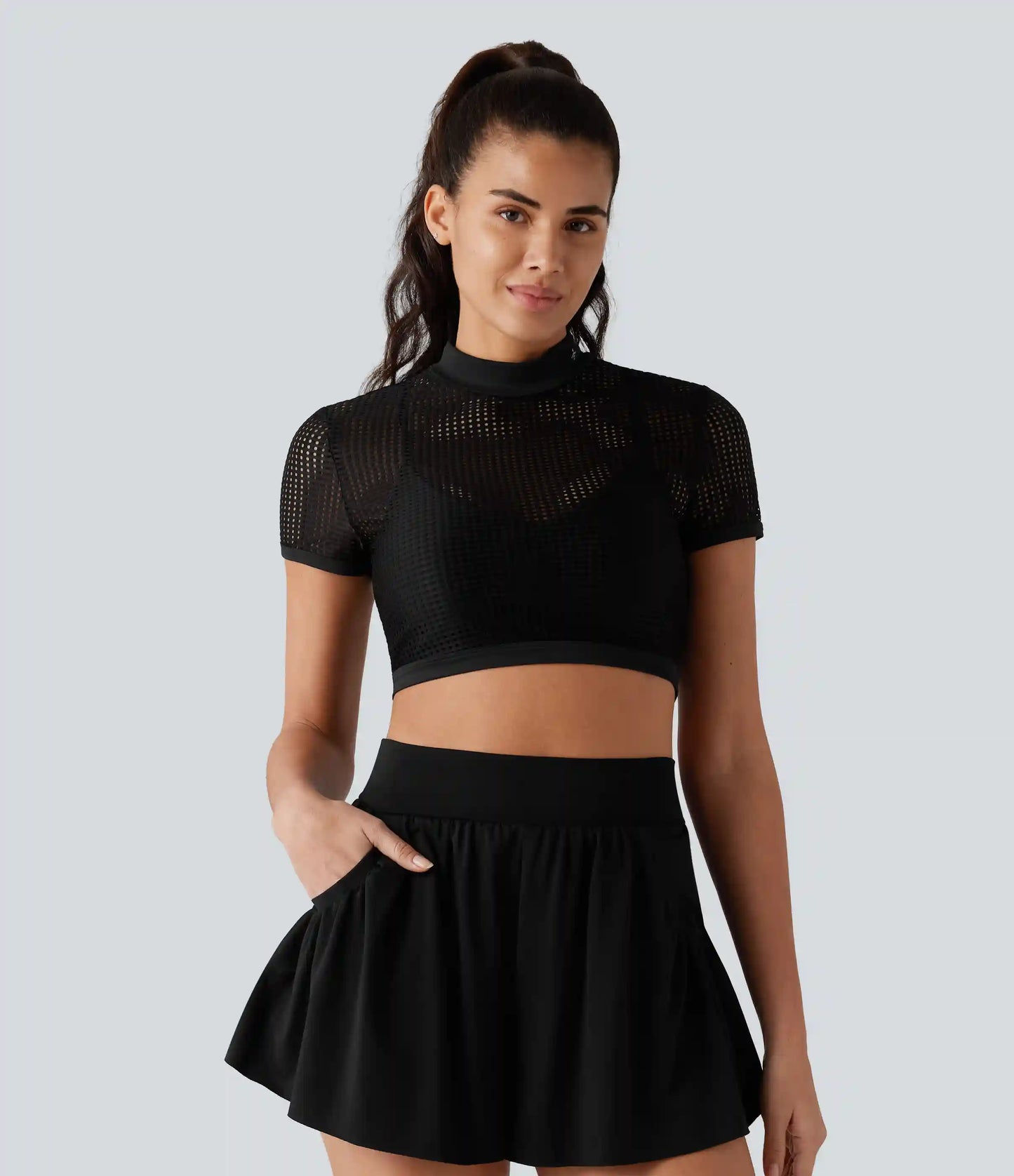 Mock Neck Short Sleeve Eyelet Cropped Running Sports Top-No Sports Bra Included