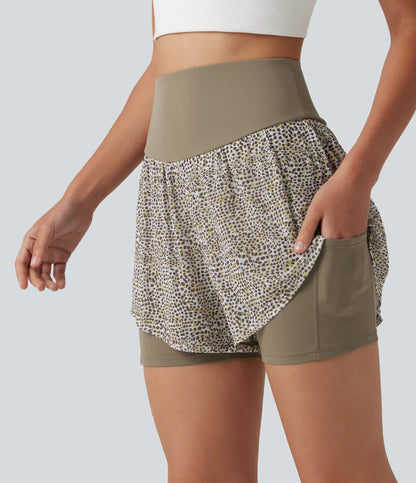 High-waisted Leopard Print 2-in-1 Running Baggy Shorts with Pockets