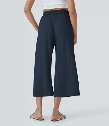 High Waisted Drawstring Wide Leg Cropped Casual Linen-Feel Pants with Pockets