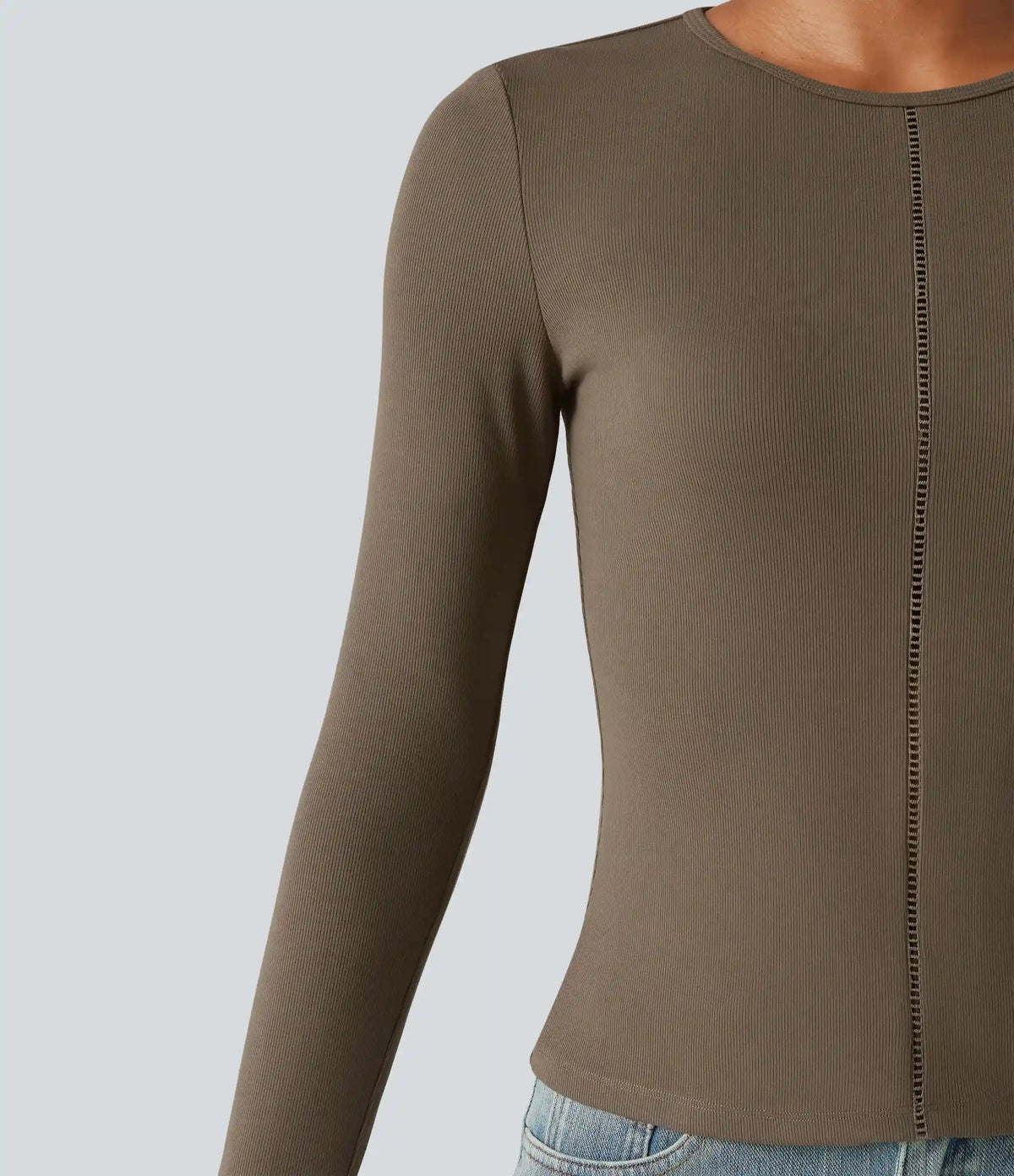 Ribbed Knit Round Neck Long Sleeve Thumb Holes Cut-out Casual T-Shirt