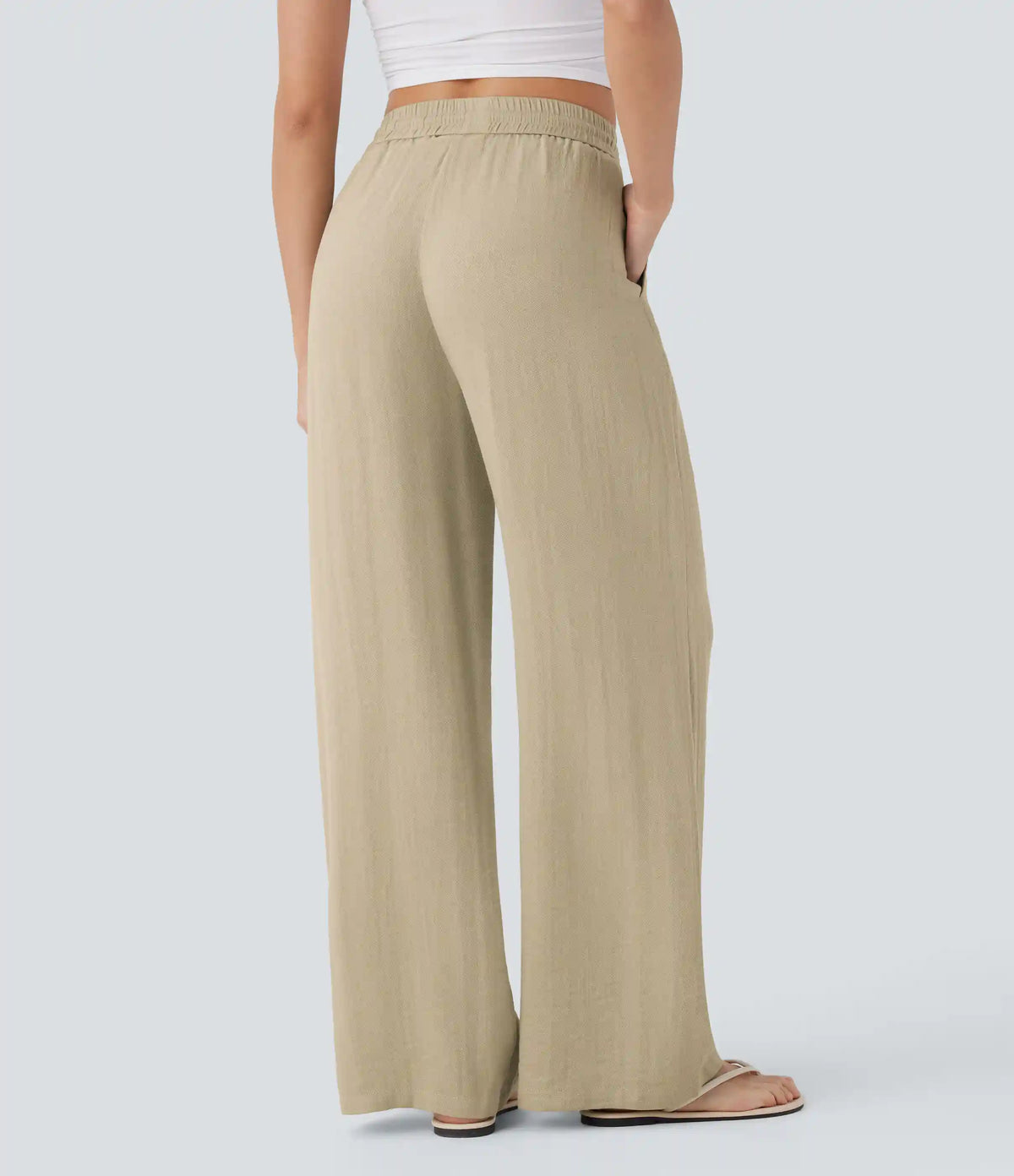 High Waisted Drawstring Pocket Wide Leg Baggy Casual Linen-Feel Pants