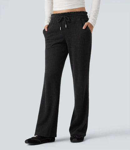 Ribbed Knit Low Rise Drawstring Casual Bootcut Pants with Pockets