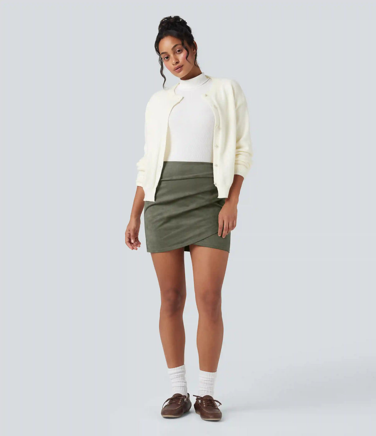 High Waisted Ruched Crossover Hem Bodycon Mini Suede Casual Skirt