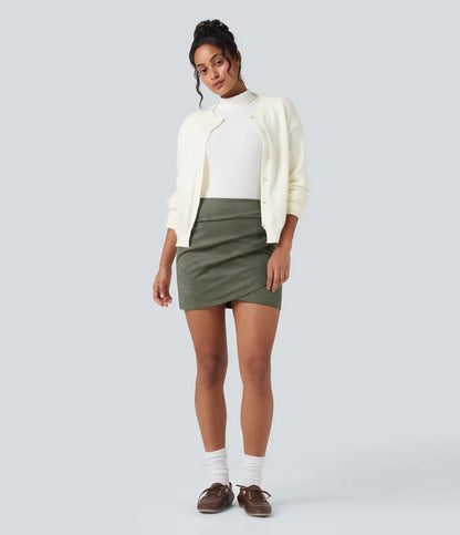 High Waisted Ruched Crossover Hem Bodycon Mini Suede Casual Skirt