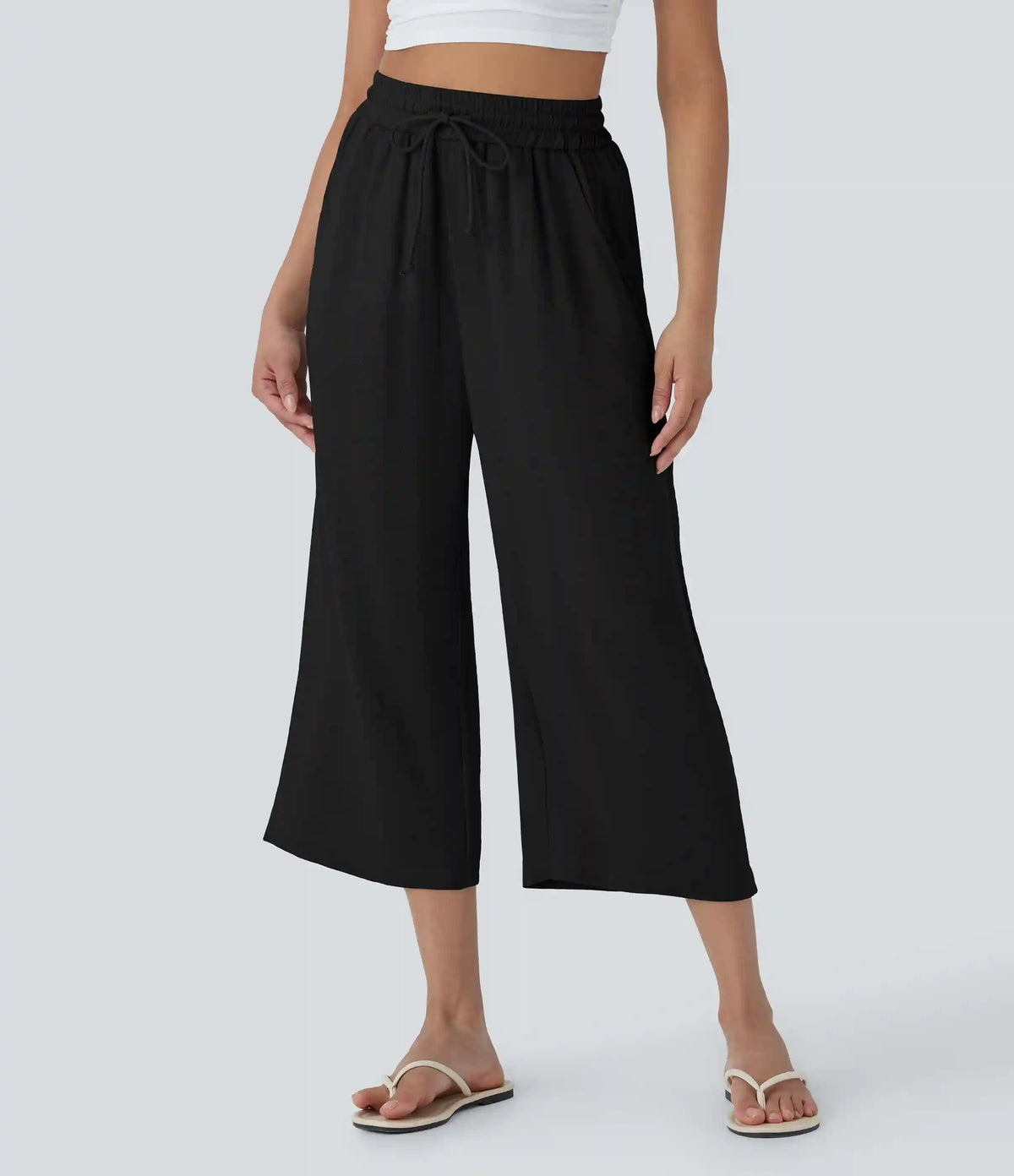 High Waisted Drawstring Wide Leg Cropped Casual Linen-Feel Pants with Pockets