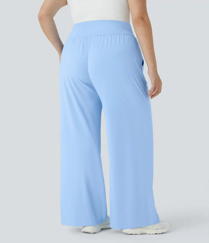 High Waisted Drawstring Pocket Wide Leg InstantCool Casual Plus Size Pants-UPF50+