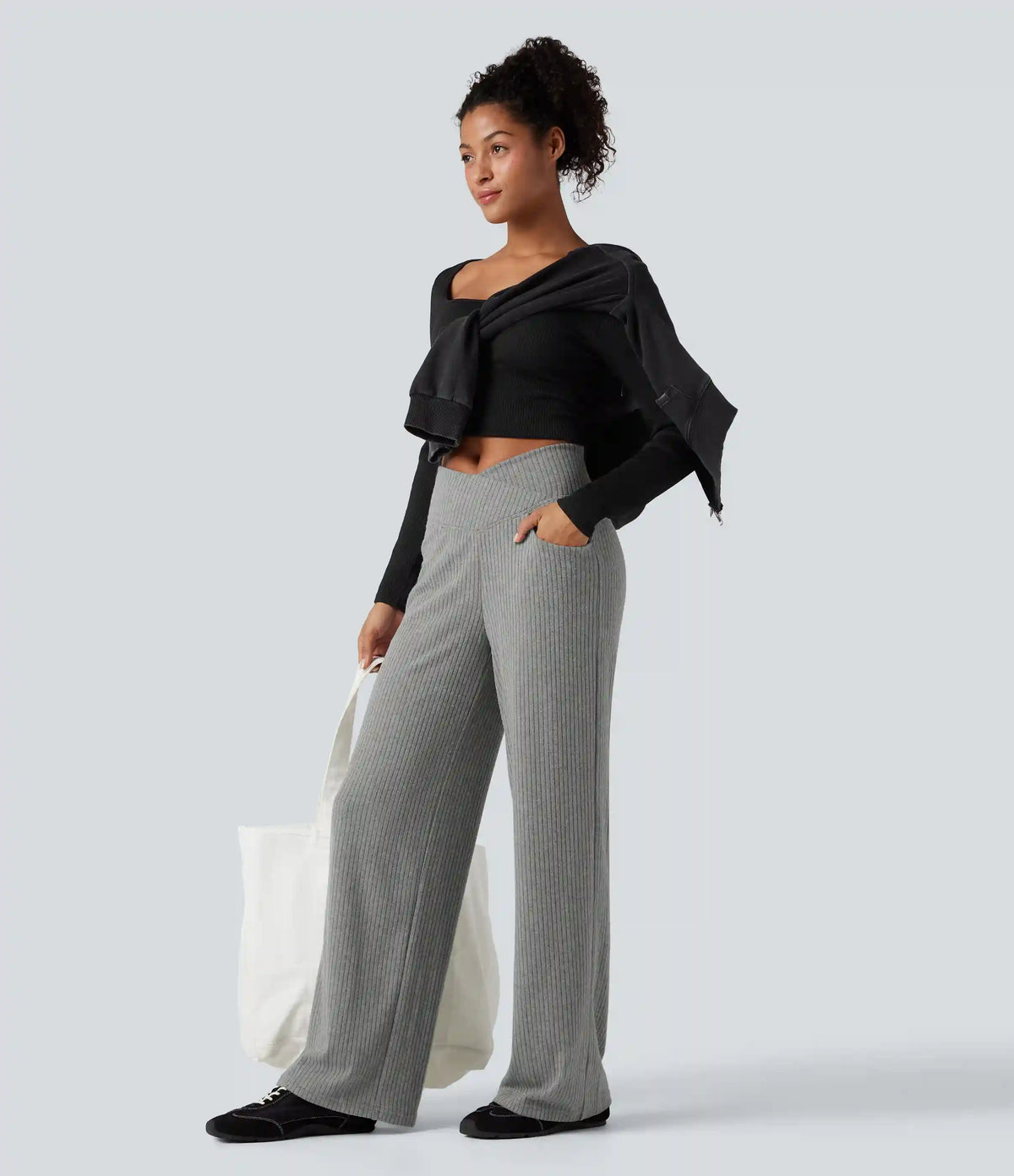 Ribbed Knit High Waisted Crossover Tummy Control Straight Leg Casual Pants with Pockets
