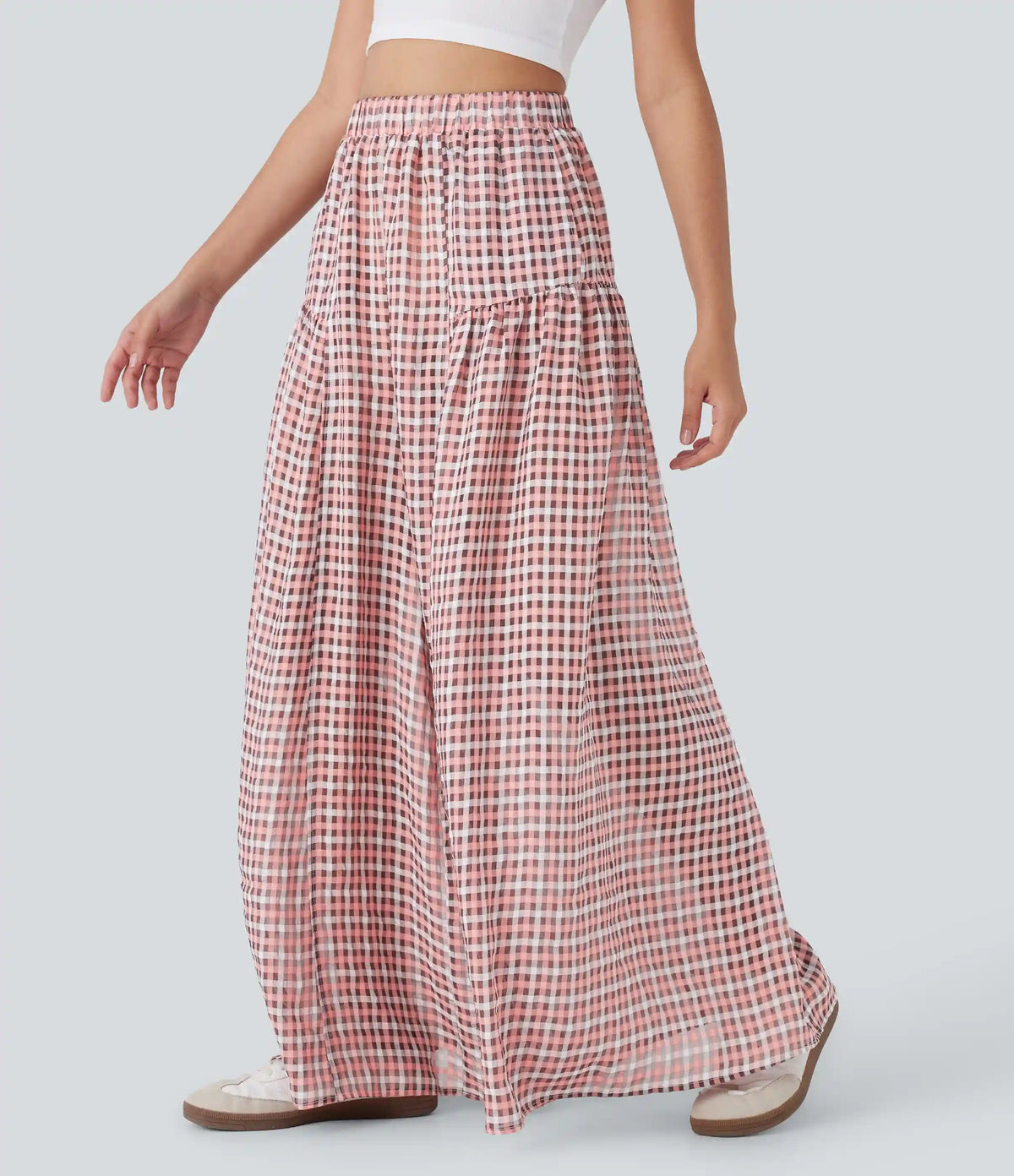 High Waisted Pocket Wide Leg Flowy Plaid Casual Pants