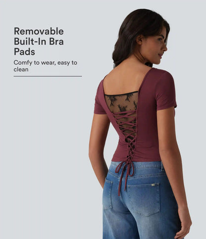 U Neck Short Sleeve Built-in Bra Contrast Lace Tie Back Casual T-Shirt