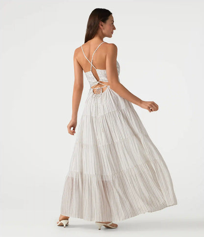 V Neck Lace Up Stripe Flowy Maxi Dress