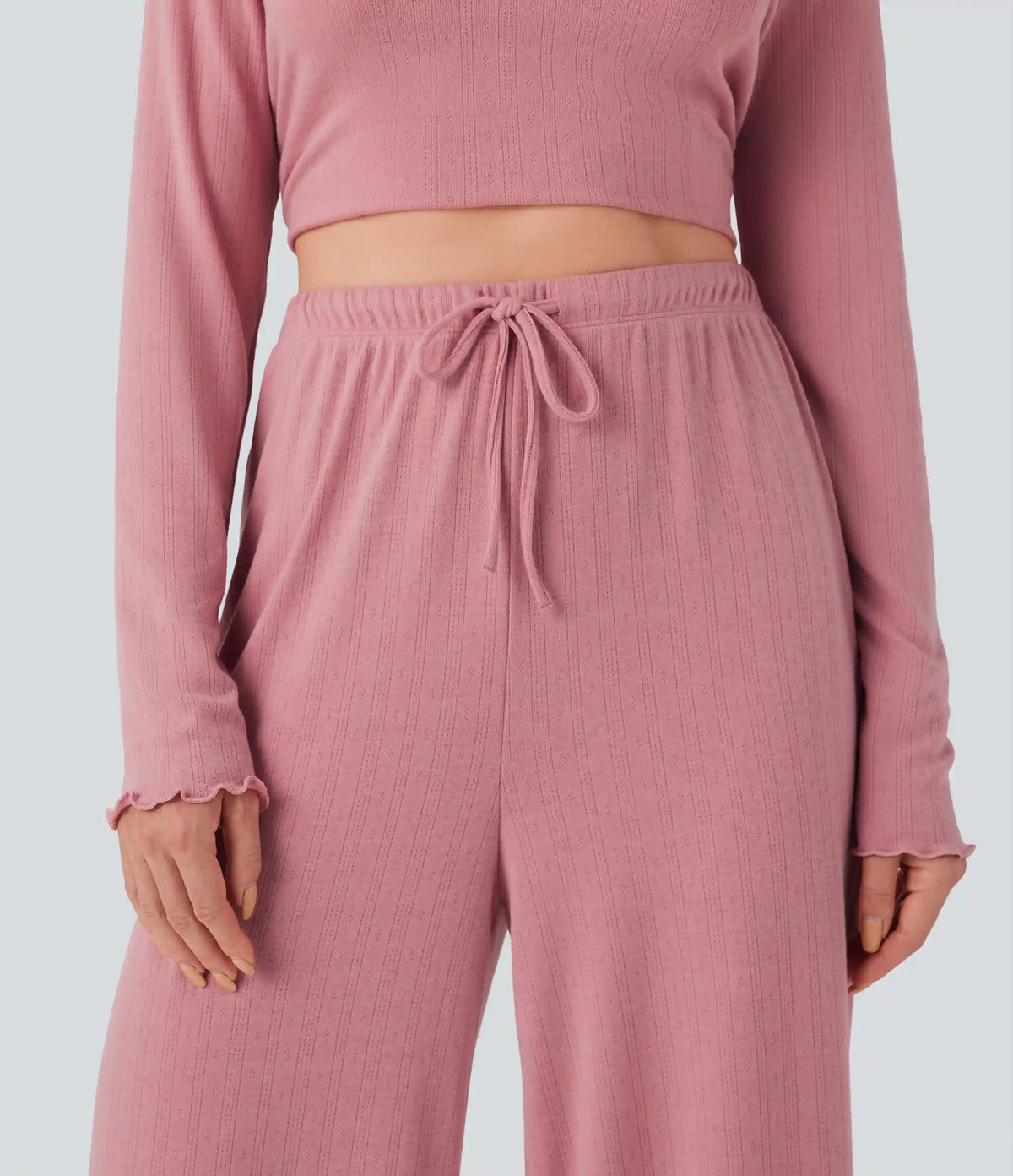 Ribbed Knit Pointelle High Waisted Drawstring Lettuce Trim Straight Leg Lounge Pants