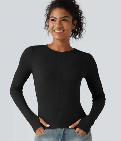 Ribbed Knit Round Neck Long Sleeve Thumb Holes Cut-out Casual T-Shirt