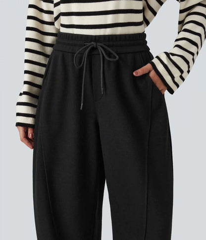 High Waisted Drawstring Barrel Leg Casual Pants with Pockets
