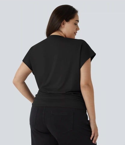 V Neck Cap Sleeve Crossover Ruched Solid Work Plus Size Blouse