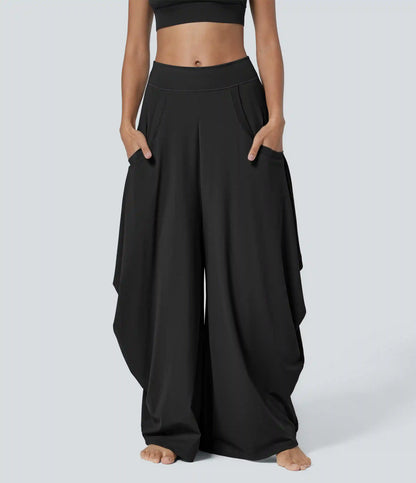 Mid Rise Pockets Draped Wide Leg Baggy Casual Pants
