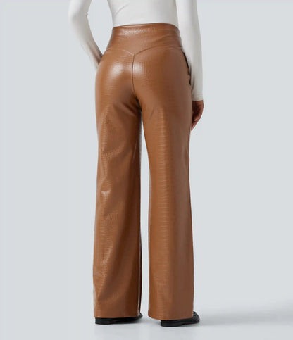 High Waisted Tummy Control Snakeskin Print Stretchy PU Fleece Flare Casual Pants with Pockets