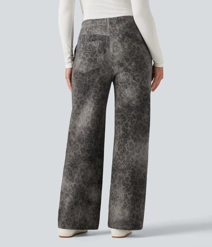 Mid Rise Wide Leg Leopard Denim Print French Terry Casual Sweatpants Jeans with Pockets