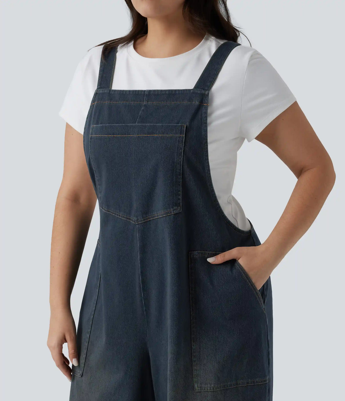 Plus Size Halara Flex™ Square Neck Washed Denim Casual Overalls with Pockets