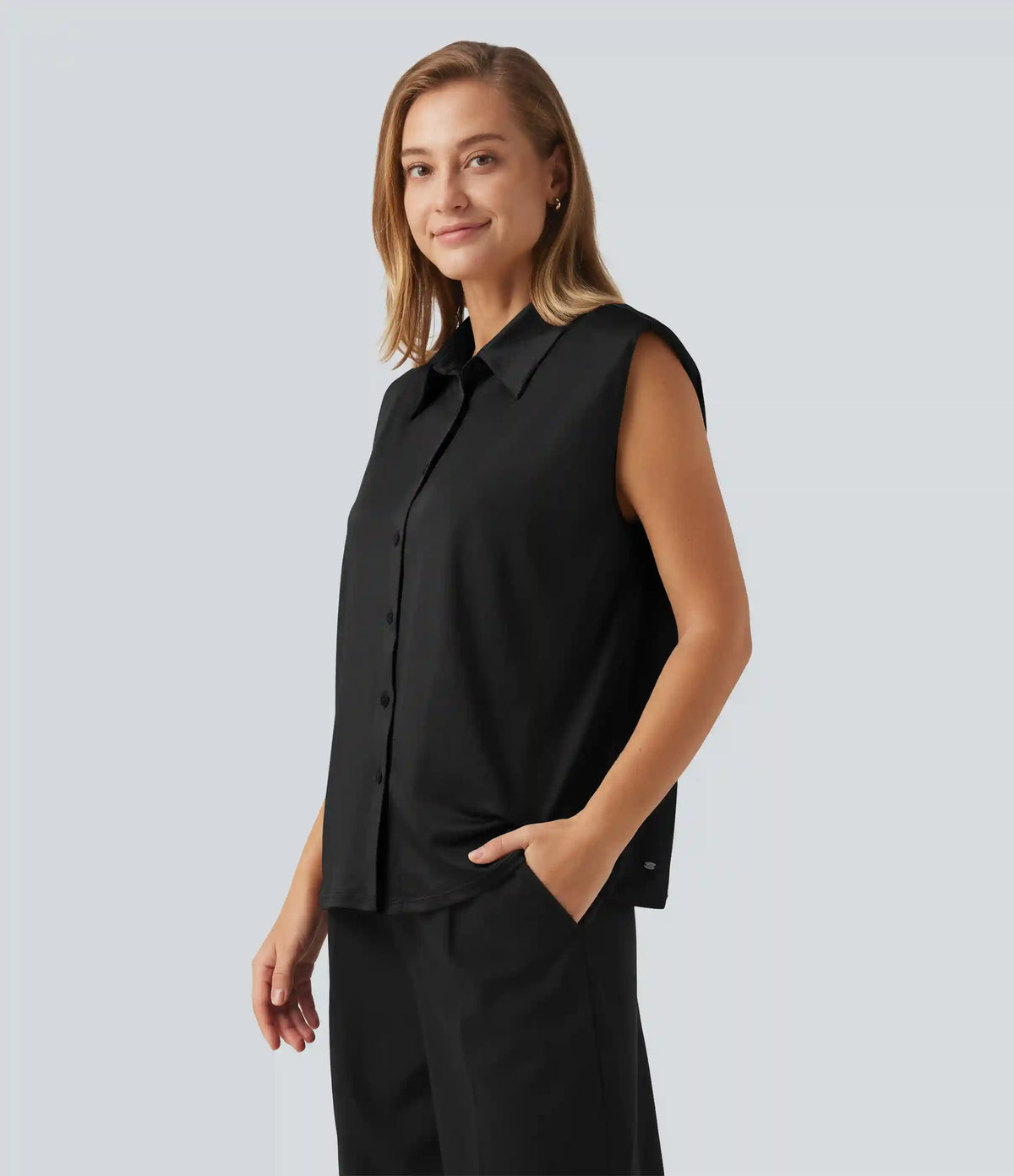 Sleeveless Button Up Boxy Work Shirt